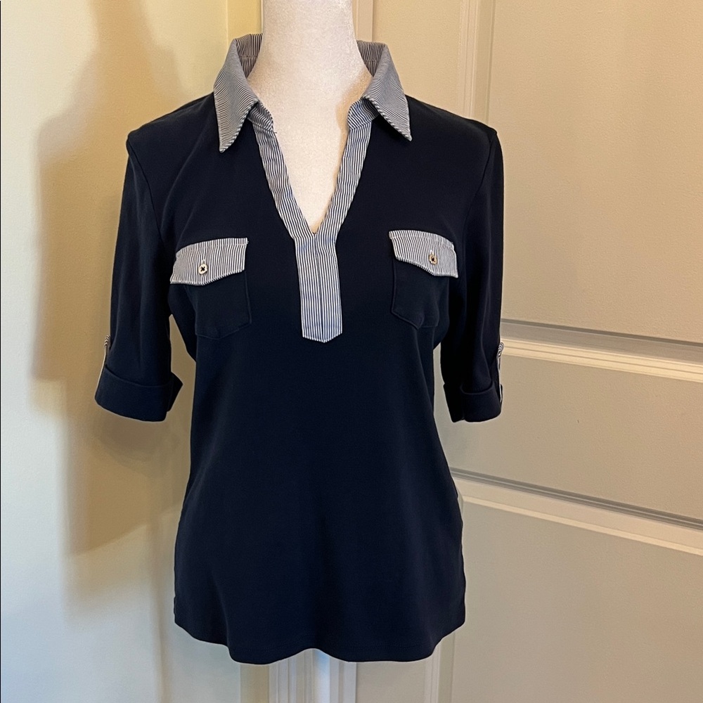 Karen Scott Navy Button Down Shirt with Striped Details M